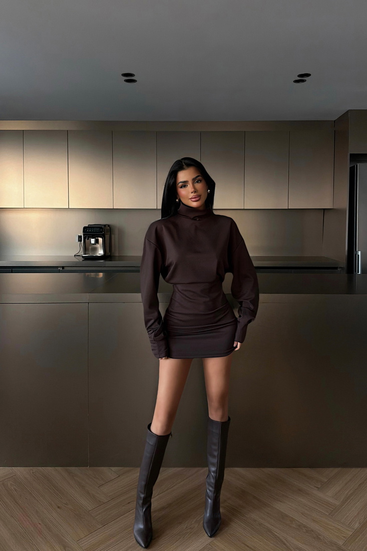 Acı Kahve Liora Dik Yaka Mini Elbise ATE-4327 - EYYO