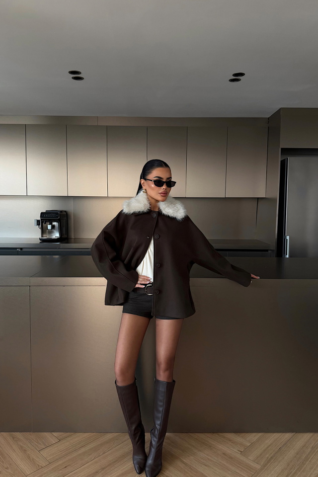 Acı Kahve Kürk Detay Ceket ATE-4734 - 3