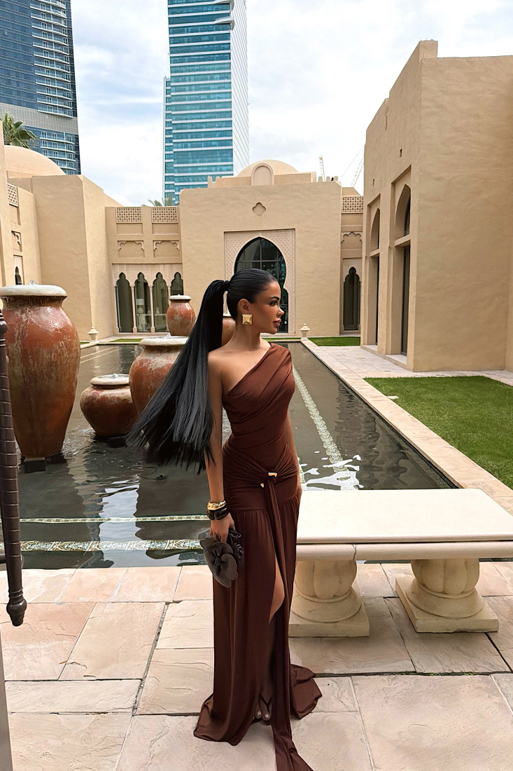 Acı Kahve Nicolette uzun yırtmaçlı elbise ATE-4603 - EYYO