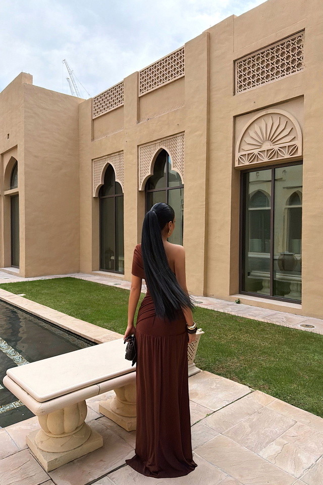 Acı Kahve Nicolette uzun yırtmaçlı elbise ATE-4603 - 5