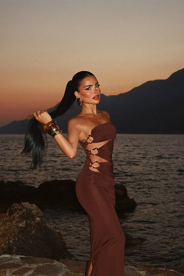 Acı Kahve Oleander Uzun Yan Aksesuar Detaylı Elbise ATE-4699 - 4