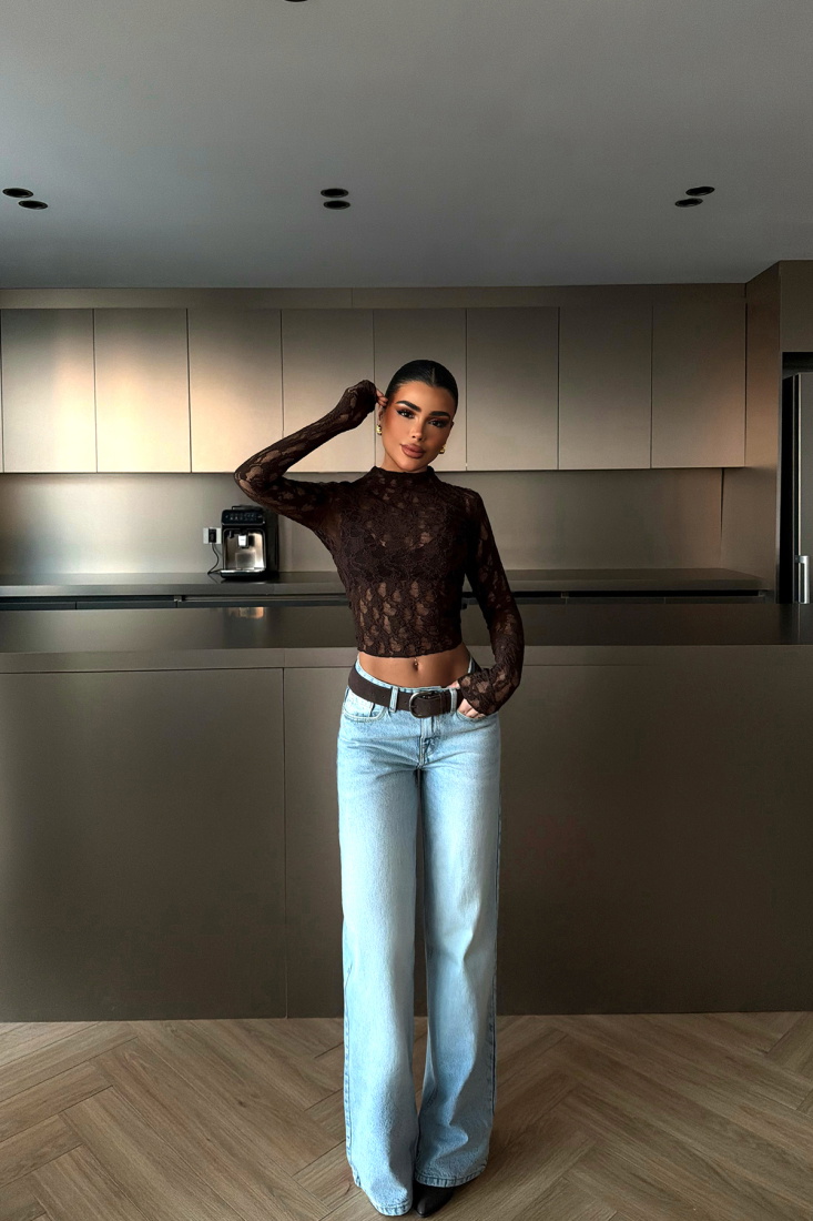 Acı Kahve Raquel Dantel Transparan Bluz ATE-4640 - EYYO