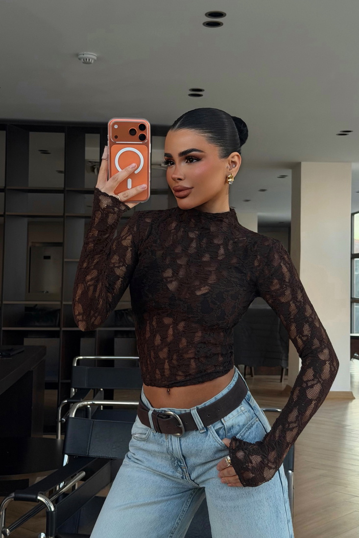 Acı Kahve Raquel Dantel Transparan Bluz ATE-4640 - EYYO