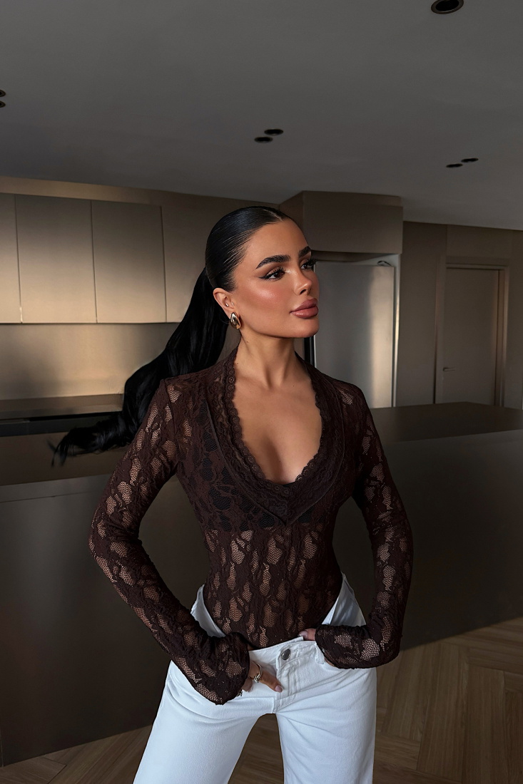 Acı Kahve Transparan Dantel Bluz ATE-4874 - EYYO