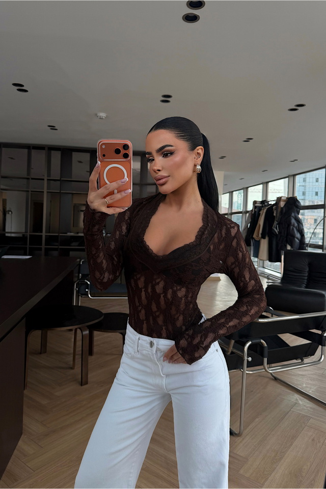 Acı Kahve Transparan Dantel Bluz ATE-4874 - 1