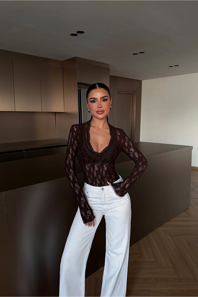 Acı Kahve Transparan Dantel Bluz