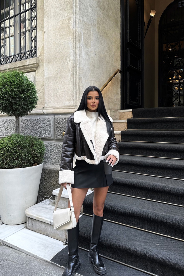 Acı Deri Yün Detay Biker Ceket ATE8637 - 3