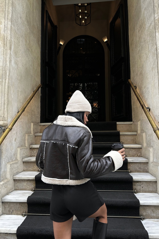 Acı Deri Yün Detay Biker Ceket ATE8637 - 4