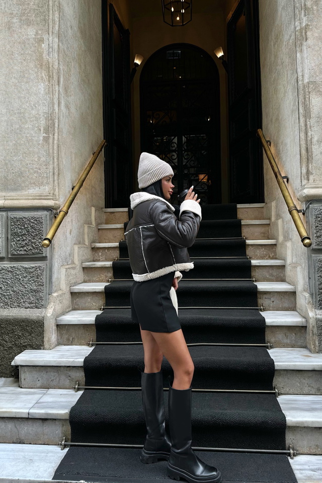 Acı Deri Yün Detay Biker Ceket ATE8637 - 5