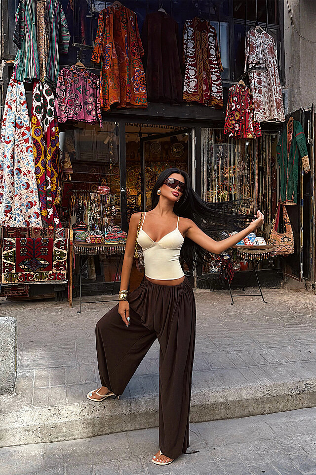 Acı Kahverengi Bağlamalı Bol Paça Pantolon