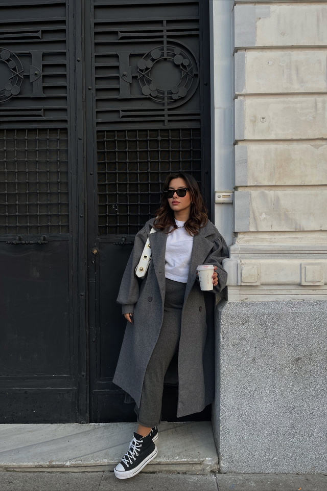 Anthracite Oversize Double Breasted Collar Coat ATE2369 - 3