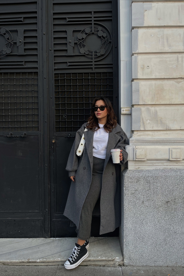 Anthracite Oversize Double Breasted Collar Coat ATE2369 - EYYO