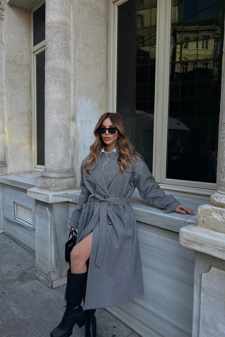 Antrasit Kruvaze Yaka Önü Düğmeli Kaban ATE2400 - EYYO