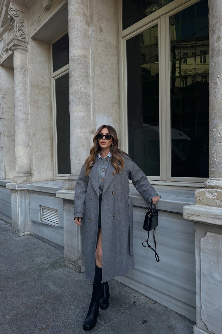 Antrasit Kruvaze Yaka Önü Düğmeli Kaban ATE2400 - EYYO