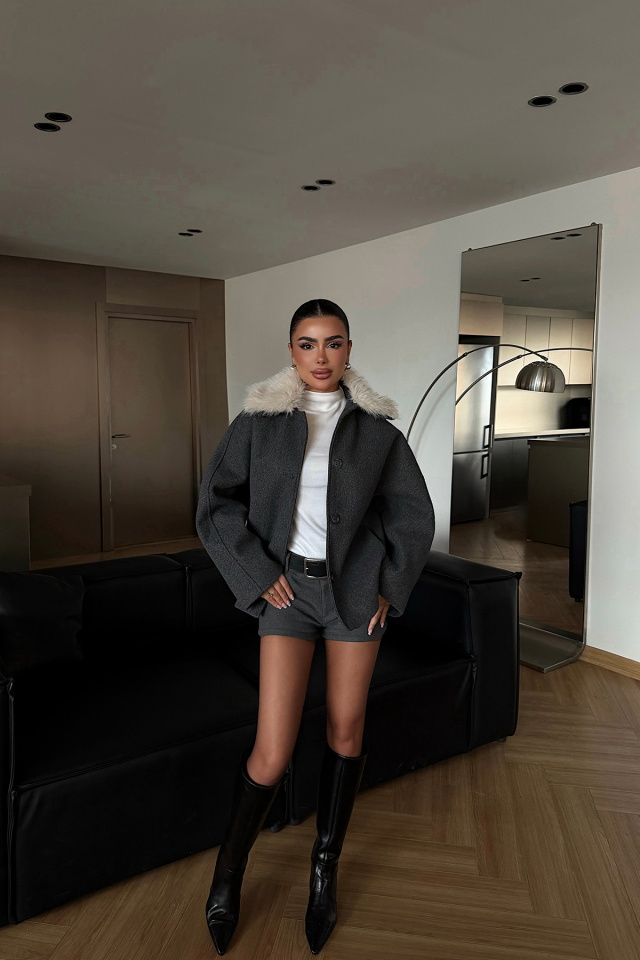 Antrasit Kürk Detay Ceket ATE-4738 - 3