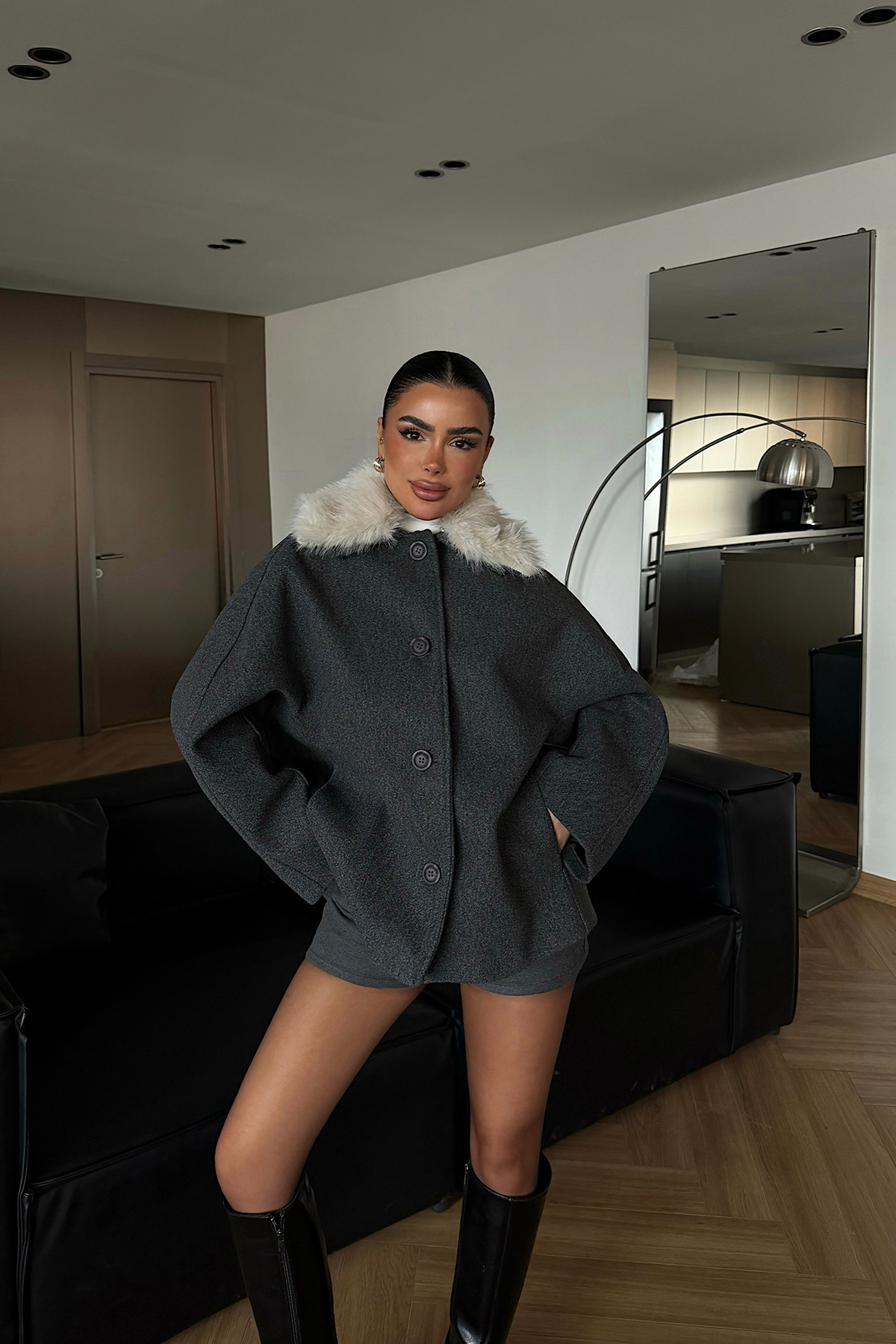 Antrasit Kürk Detay Ceket - 1