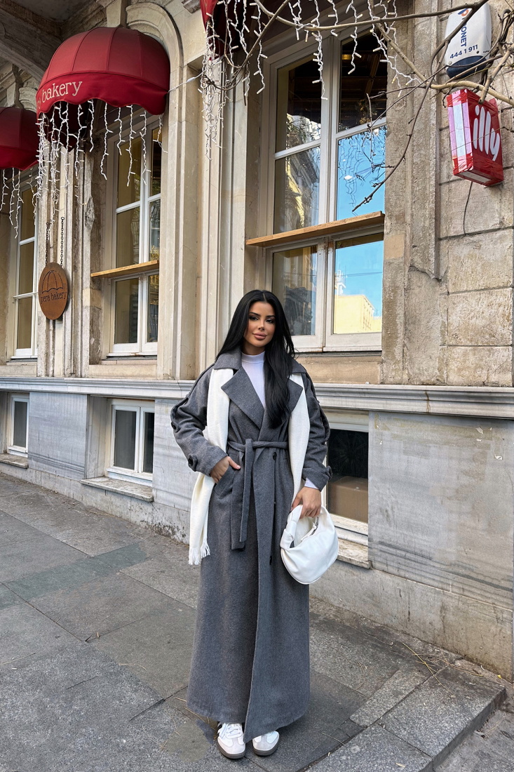 Antrasit Kuşak Detay Düğmeli Kaban ATE-0748 - EYYO