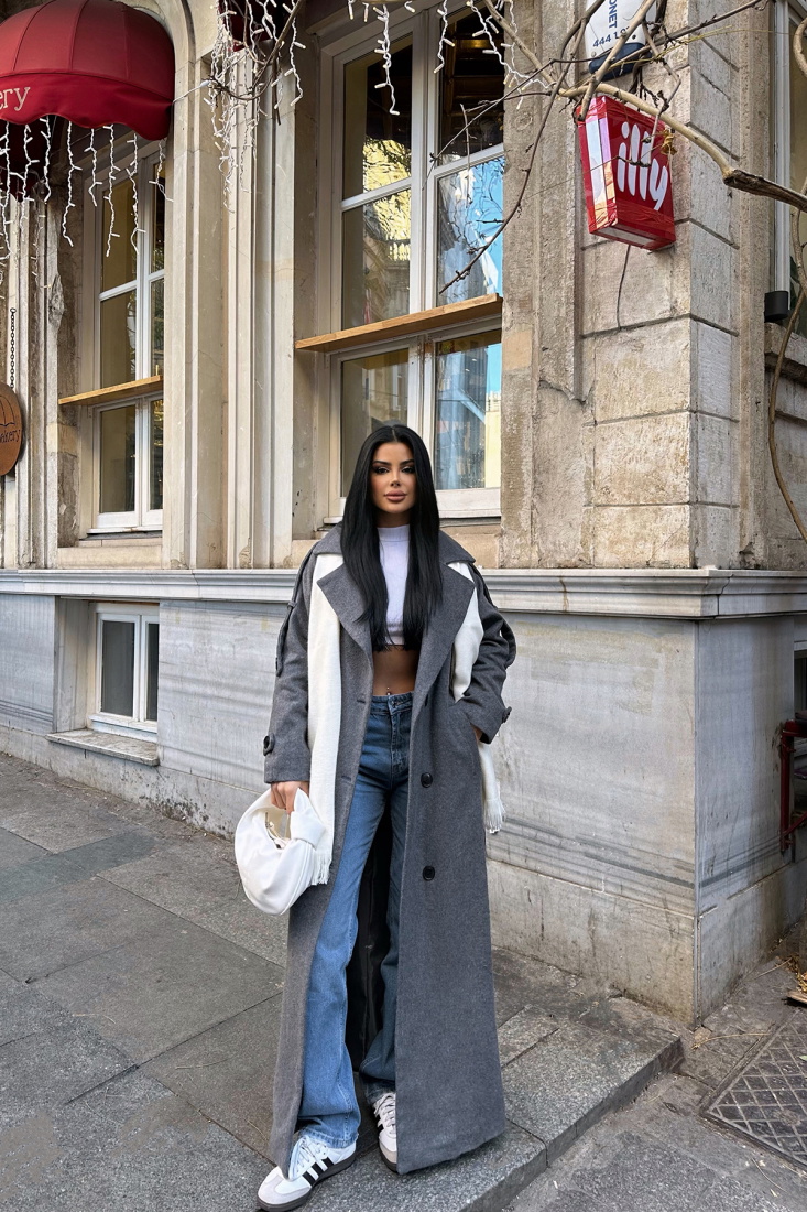 Antrasit Kuşak Detay Düğmeli Kaban ATE-0748 - EYYO