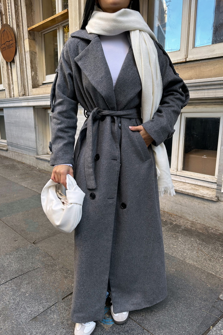 Antrasit Kuşak Detay Düğmeli Kaban ATE-0748 - EYYO