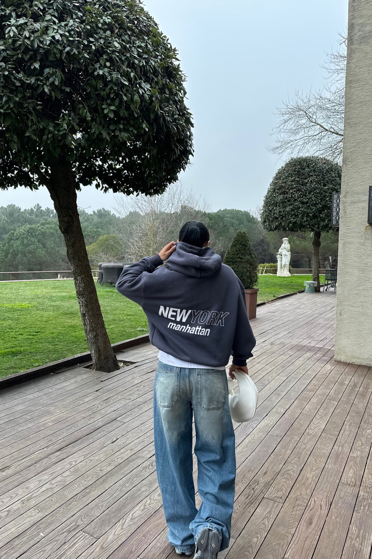 Antrasit New York Yazılı Kapşonlu Sweat ATE-0450 - EYYO