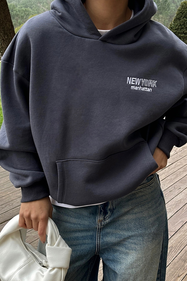 Antrasit New York Yazılı Kapşonlu Sweat ATE-0450 - EYYO