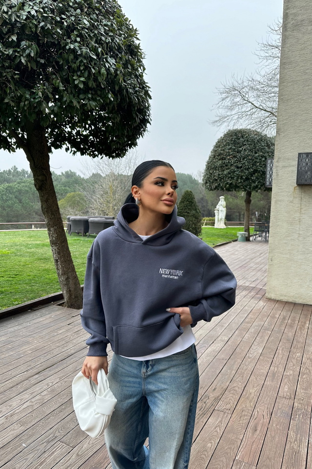 Antrasit New York Yazılı Kapşonlu Sweat ATE-0450 