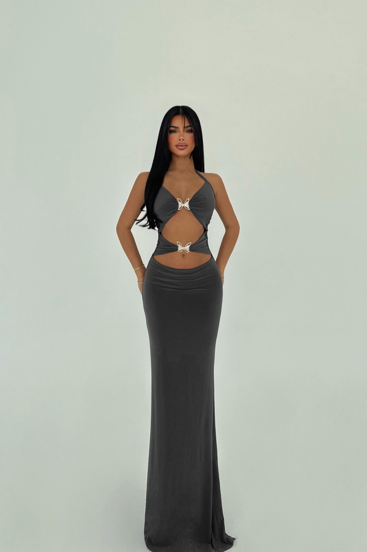 Antrasit Marseille Kelebek Aksesuarlı Elbise ATE-1436 - EYYO