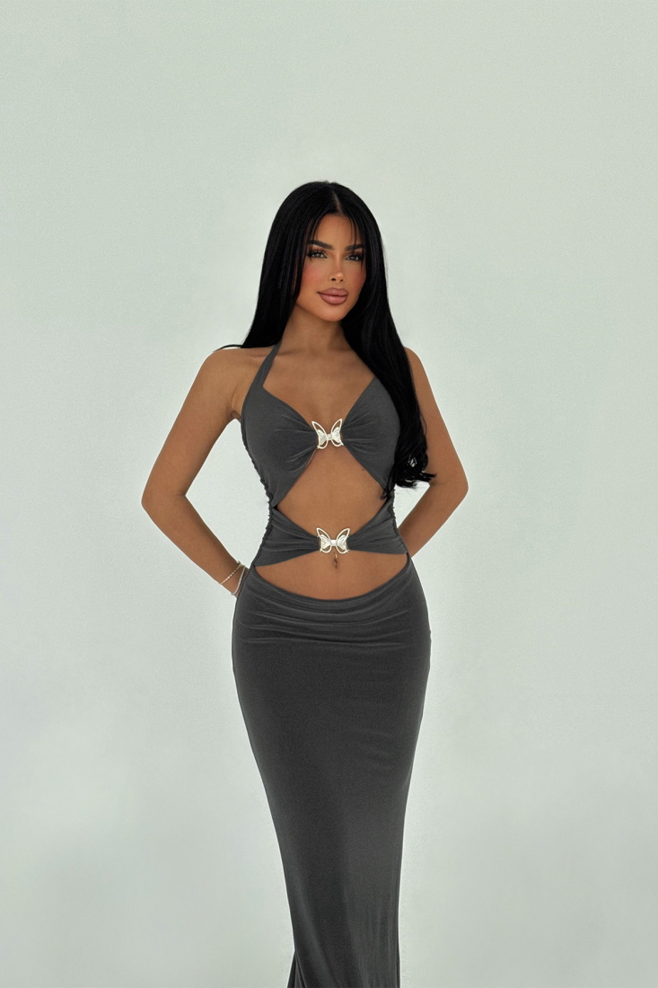 Antrasit Marseille Kelebek Aksesuarlı Elbise ATE-1436 - EYYO