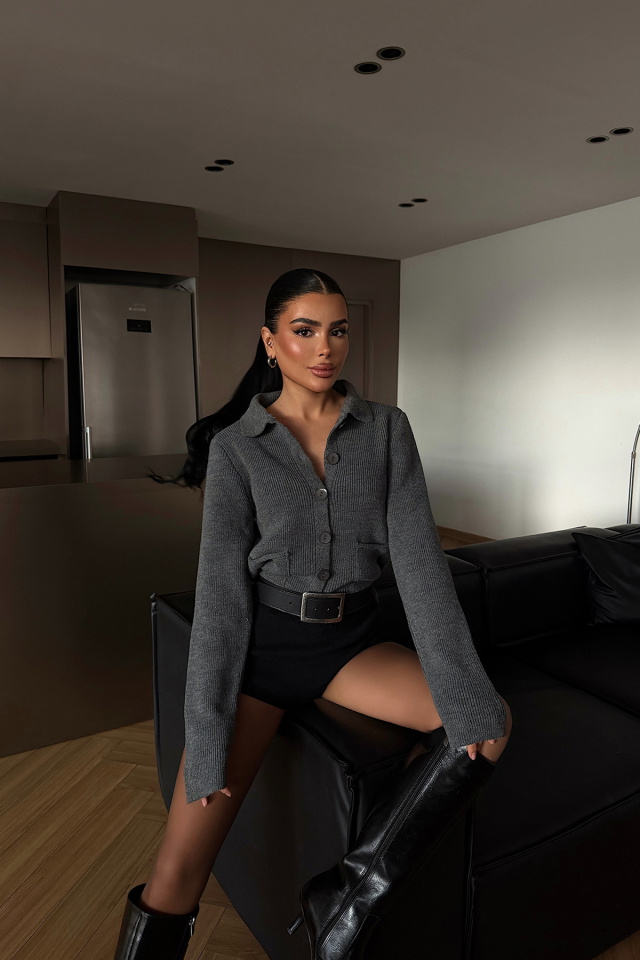 Antrasit Leche Düğmeli Triko Hırka ATE-4493 -