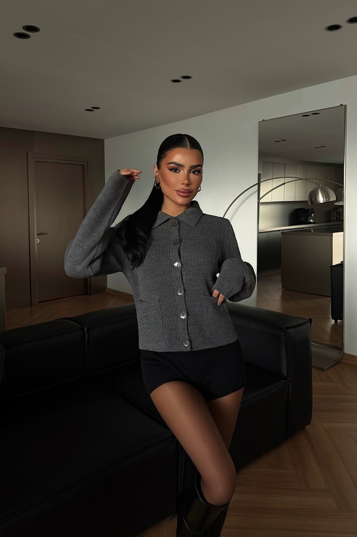 Antrasit Leche Düğmeli Triko Hırka ATE-4493 - EYYO