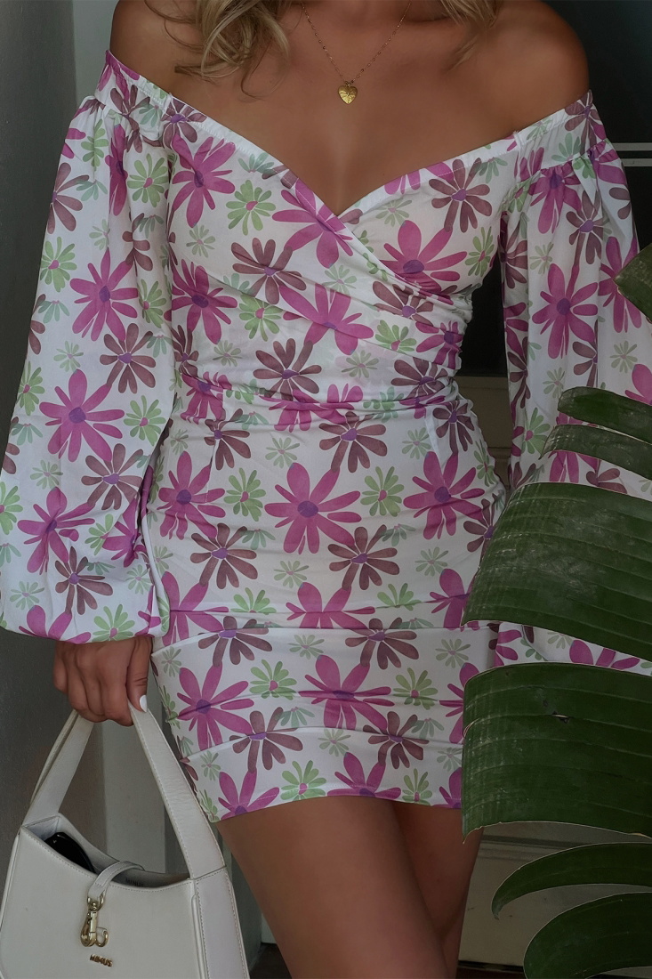 Balon Kol Çiçekli Mini Elbise ATE1840 - İHRACAT