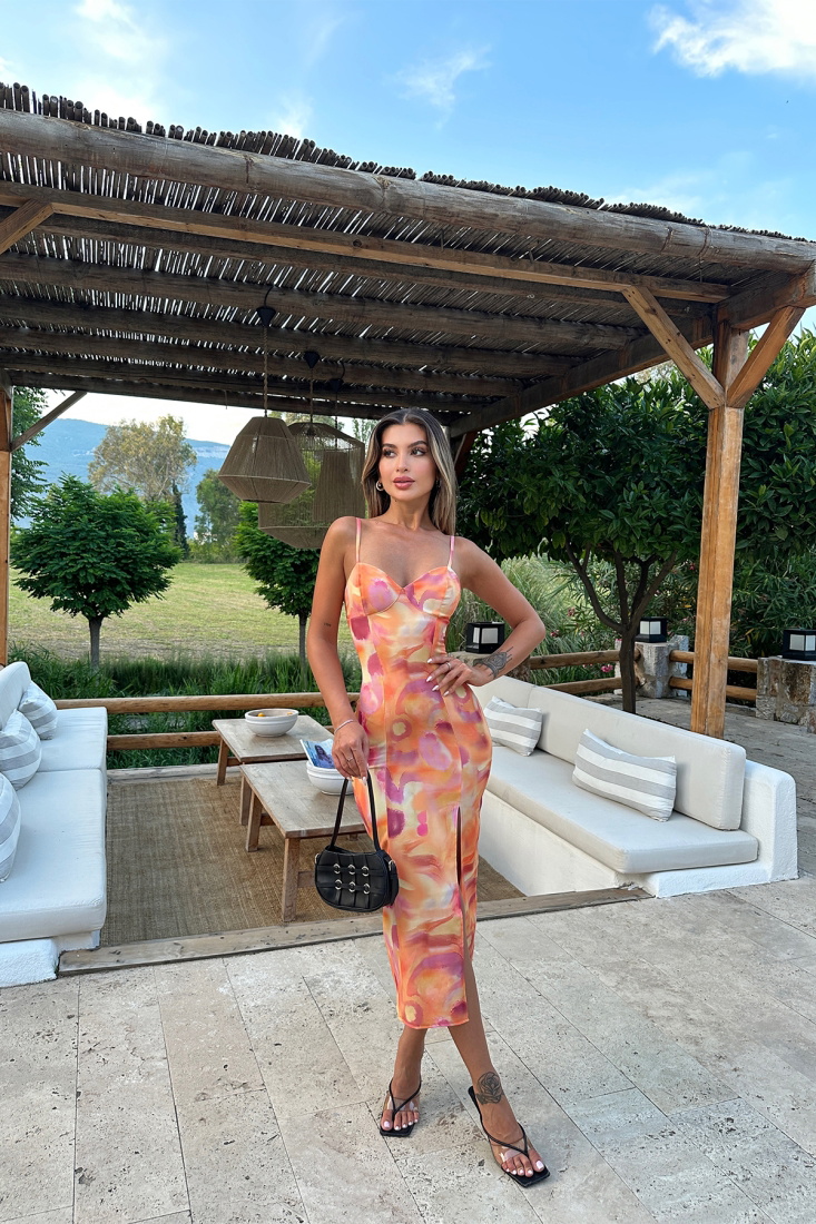 Batik Desen Askılı Derin Yırtmaçlı Elbise ATE7195 - EYYO