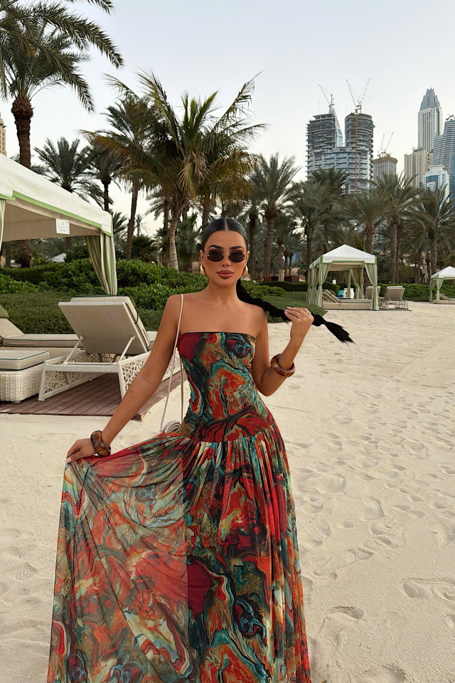 Batik Desen Askılı Uzun Elbise ATE-4963 - 3