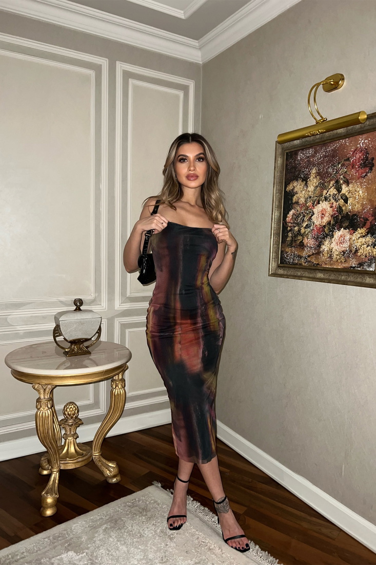 Batik Desen Straplez Uzun Elbise ATE4039 - EYYO