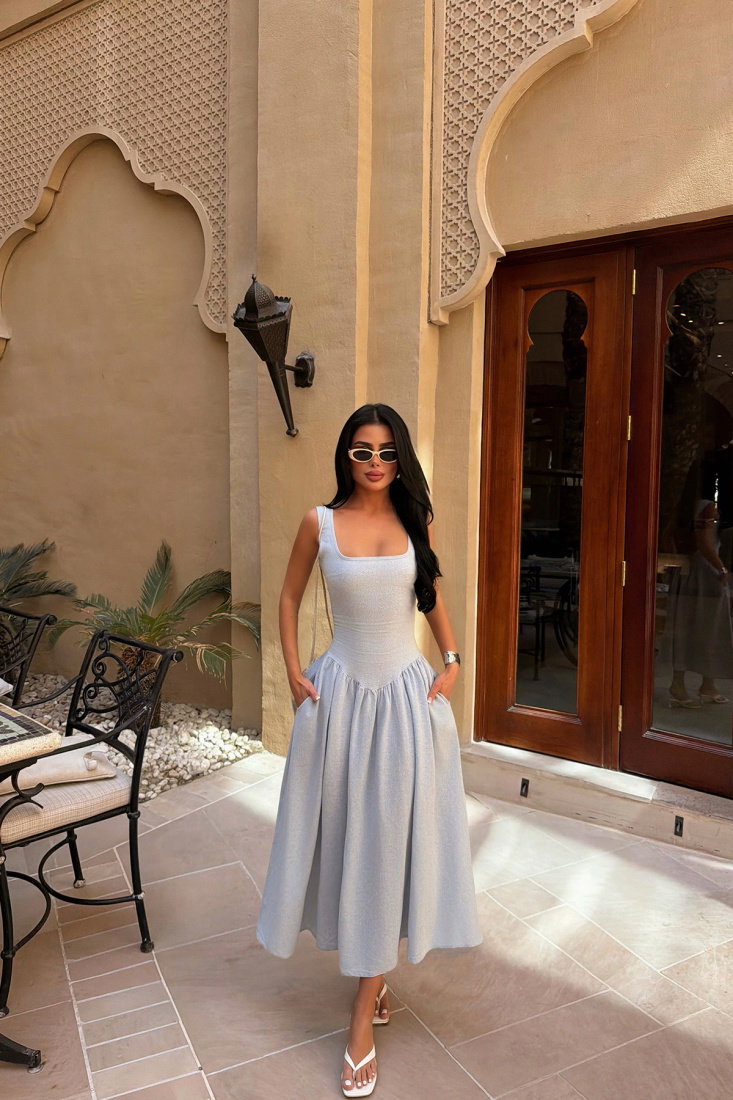 Bebe Mavisi Clemmie Keten Elbise ATE-4749 - EYYO