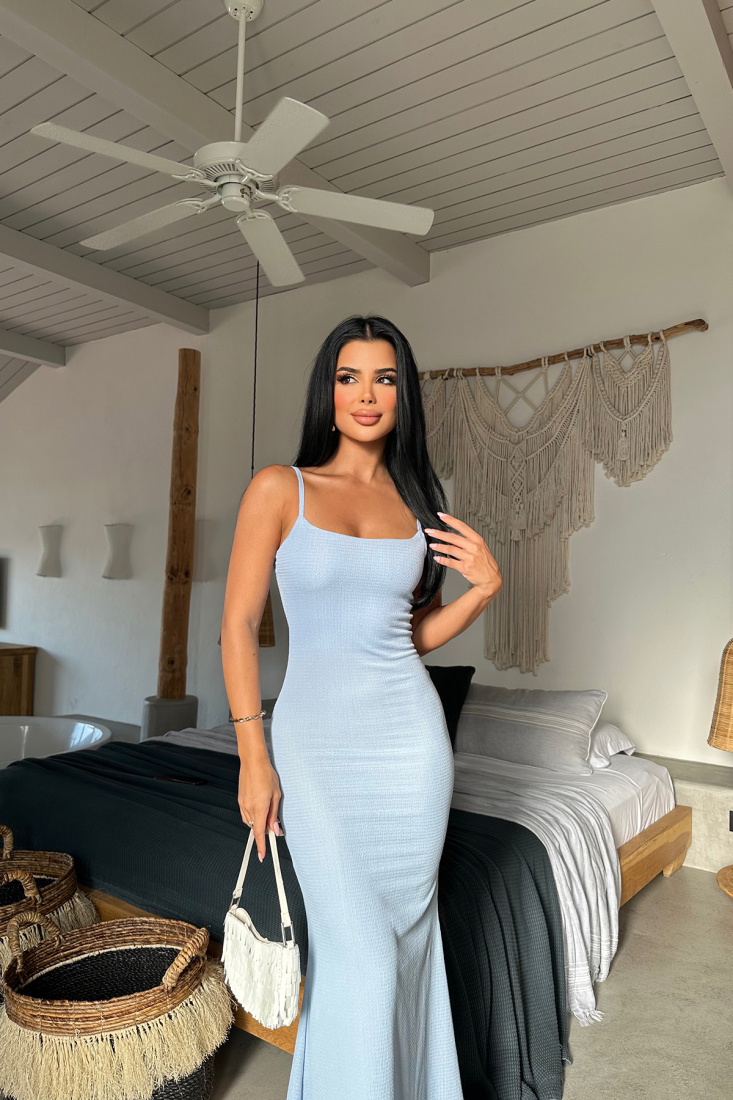 Bebe Mavisi Askılı Uzun Elbise ATE8264 - EYYO