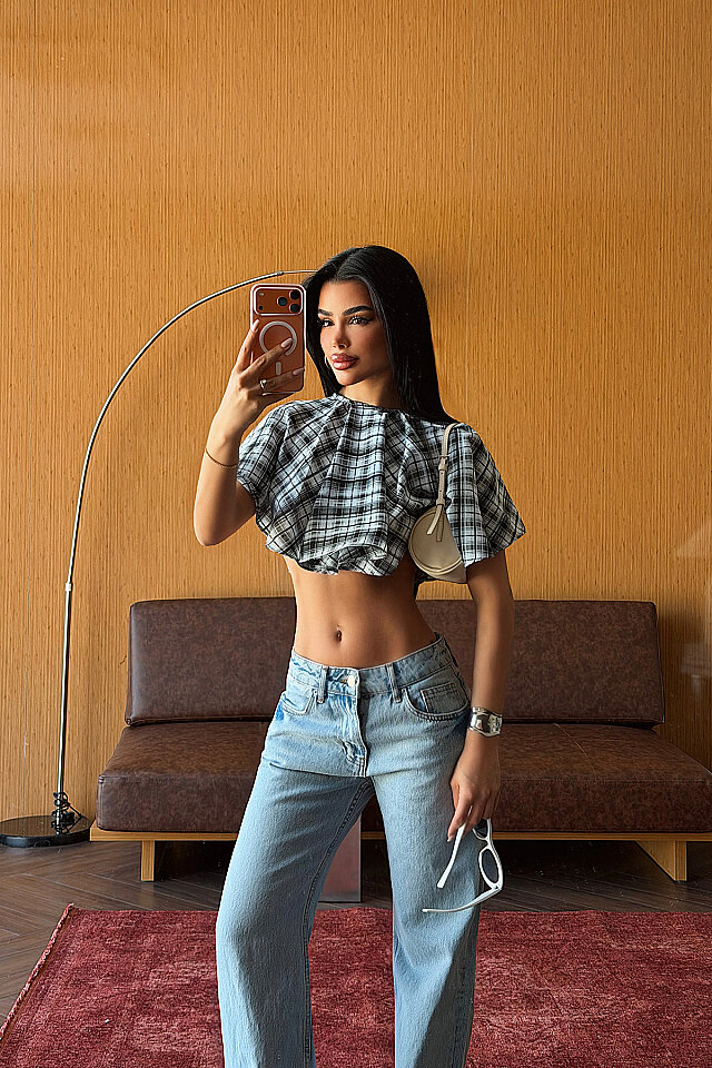 Bebe Mavisi Pötikareli Crop Top ATE-5492 - 1