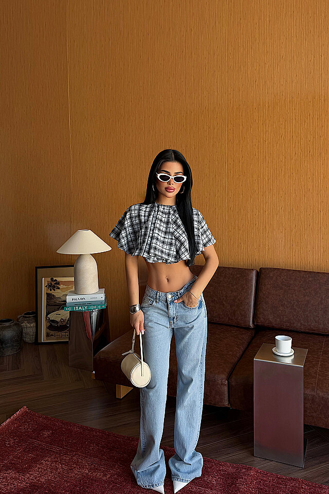Bebe Mavisi Pötikareli Crop Top ATE-5492 - 2