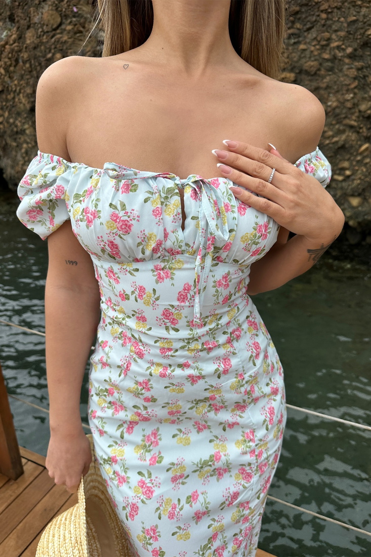 Bebe Mavisi Önden Bağlamalı Uzun Elbise ATE6606 - EYYO