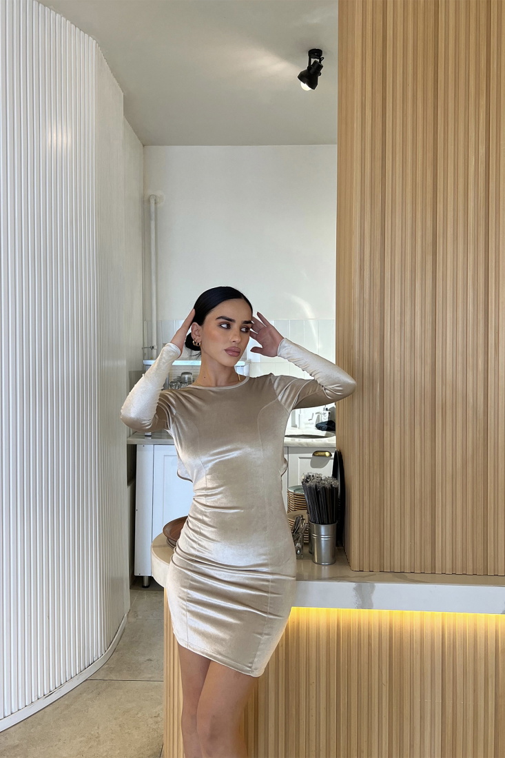 Beige Back Detail Dress ATE2869 - EYYO