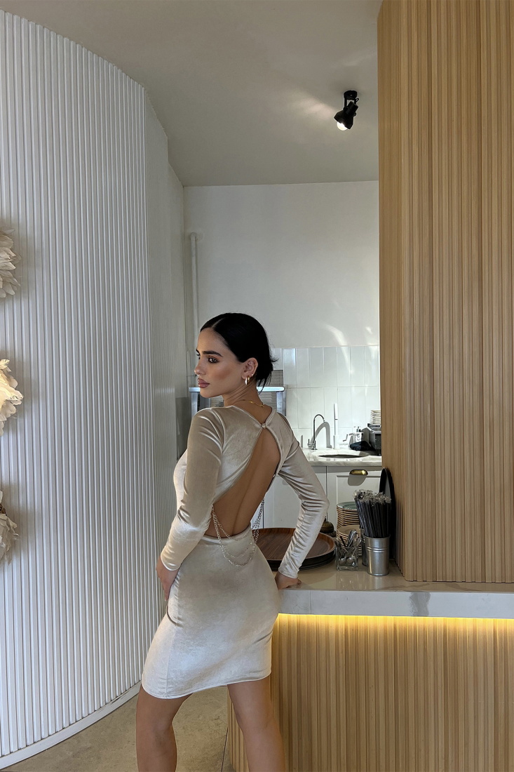 Beige Back Detail Dress ATE2869 - EYYO