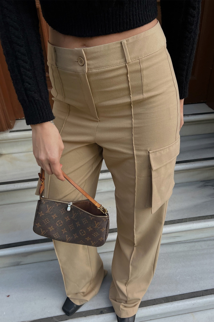 Beige Cargo Pocket Stitch Detail Pants ATE2399 - EYYO