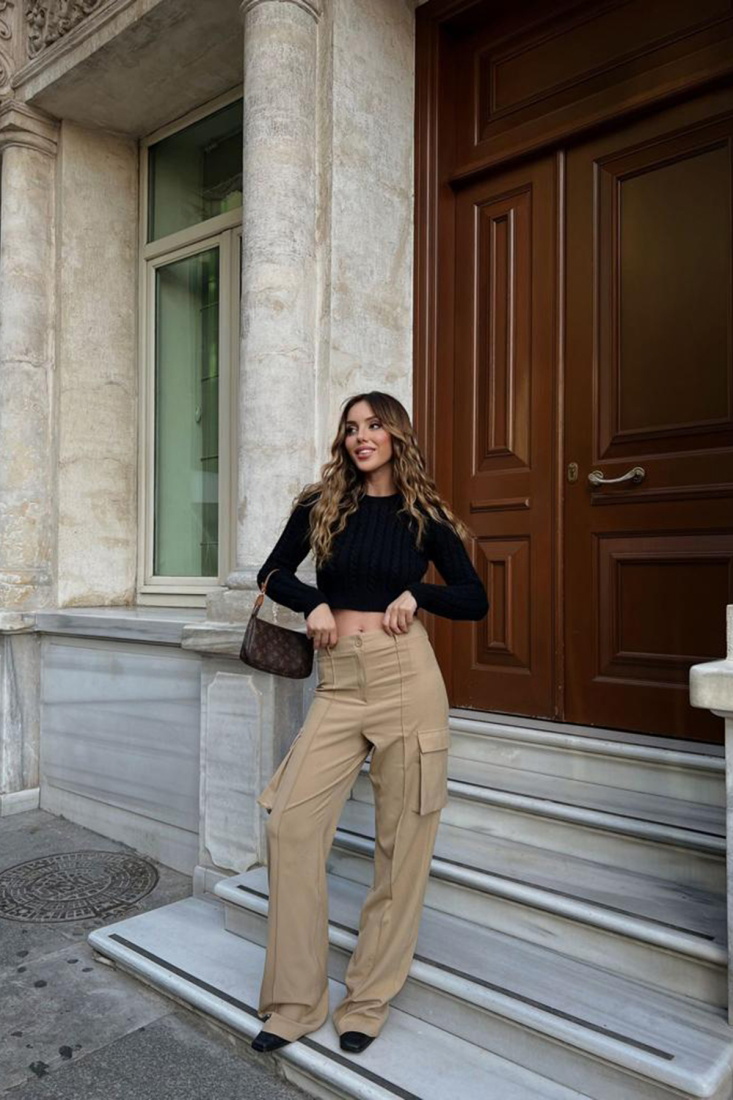 Beige Cargo Pocket Stitch Detail Pants ATE2399 - EYYO