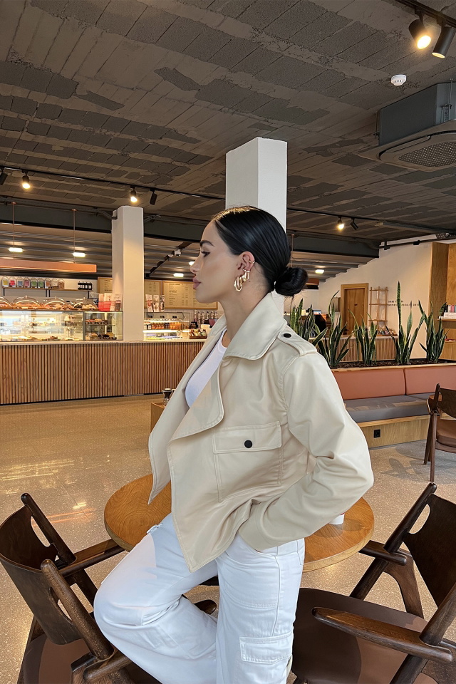 Beige Double Breasted Collar Leather Jacket ATE2159 - 3