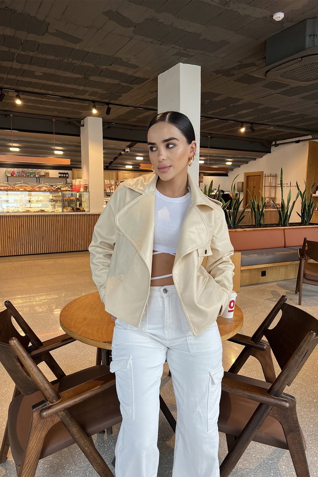 Beige Double Breasted Collar Leather Jacket ATE2159 - 5
