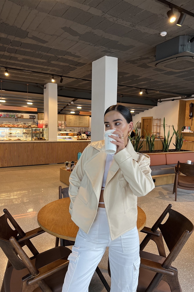 Beige Double Breasted Collar Leather Jacket ATE2159 - 4