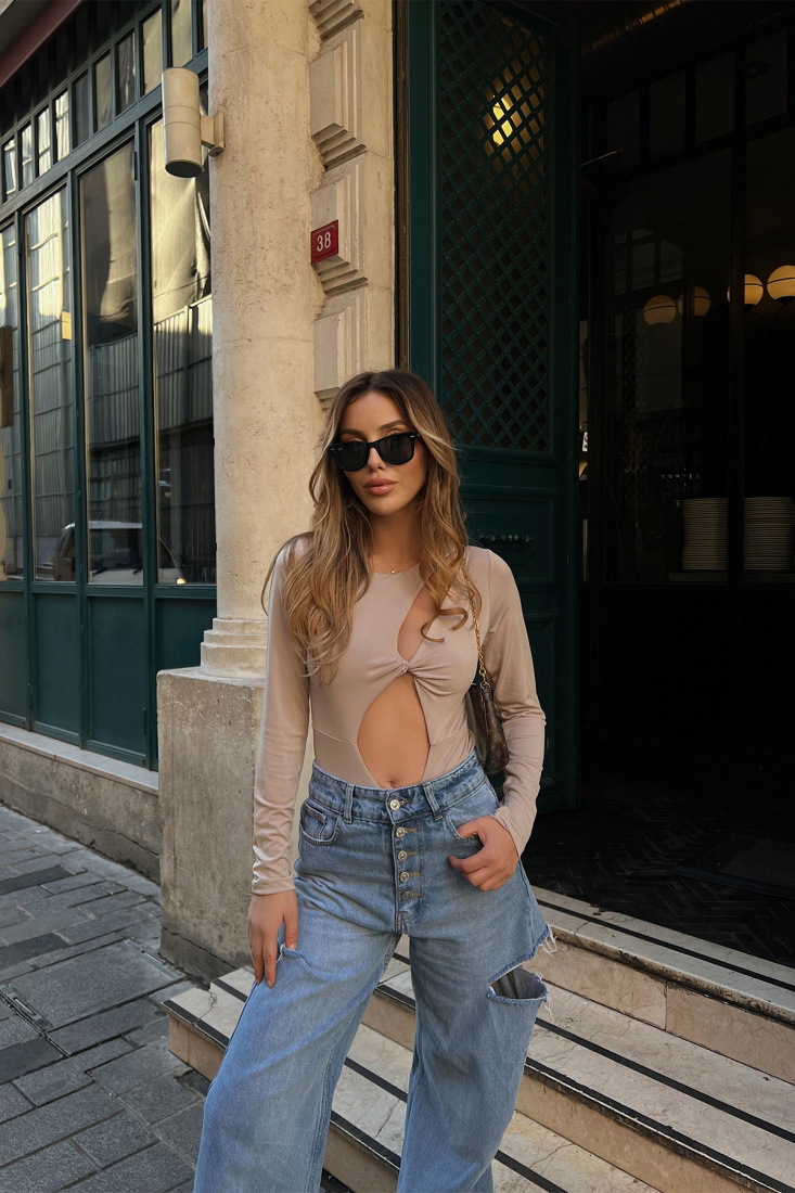 Beige Front Open Bodysuit ATE2250 - EYYO