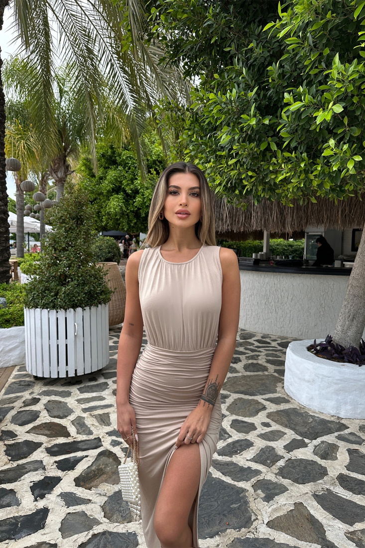 Beige Gathered Deep Slit Detail Dress ATE6932 - EYYO