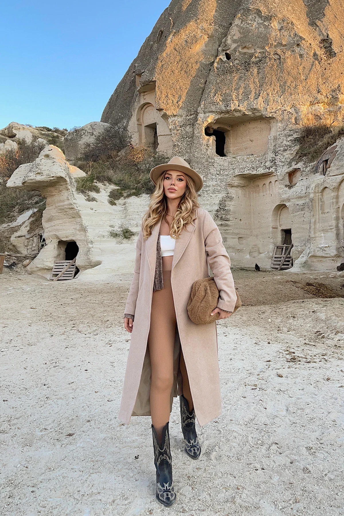Beige Kasha Coat ATE1890 - EYYO TOPTAN
