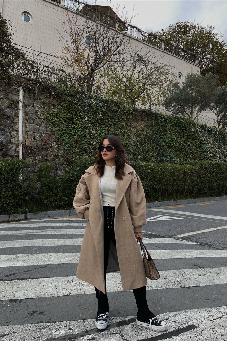 Beige Oversize Double Breasted Collar Coat ATE2643 - EYYO